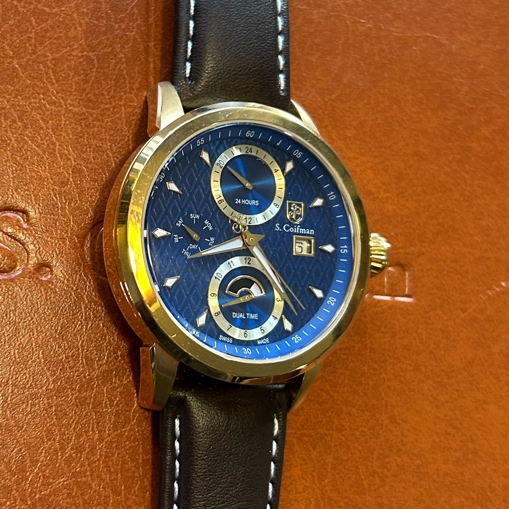 S Coifman Watch NavyBlue Chronograph Face With Brown Leather Band